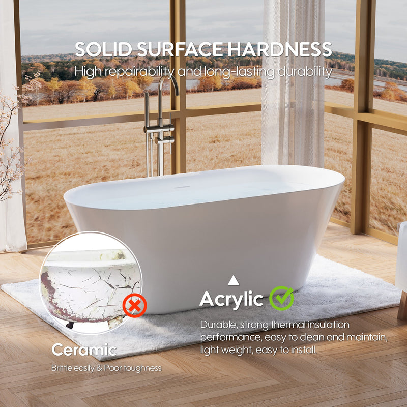 63" Glossy White Acrylic Freestanding Bathtub with Integrated Slotted Overflow and Pop-up Drainer
