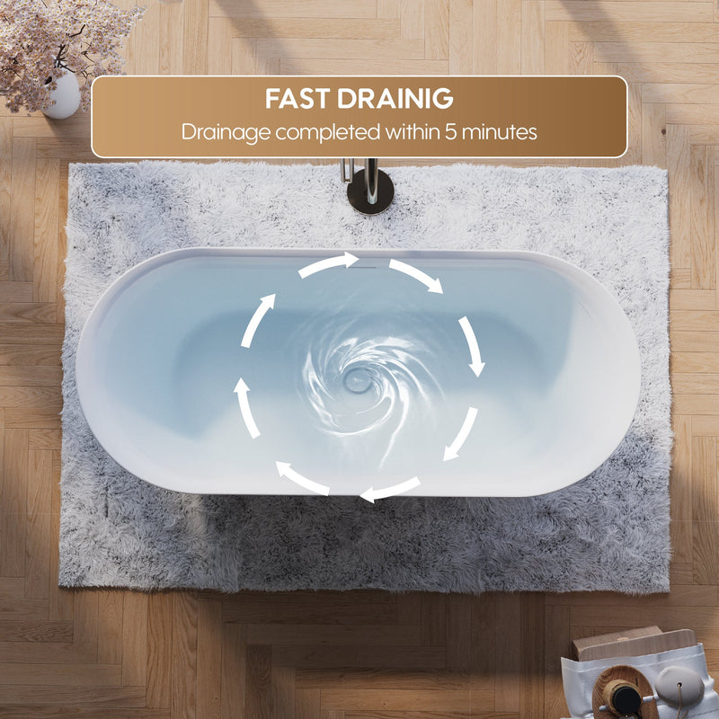 63" Glossy White Acrylic Freestanding Bathtub with Integrated Slotted Overflow and Pop-up Drainer