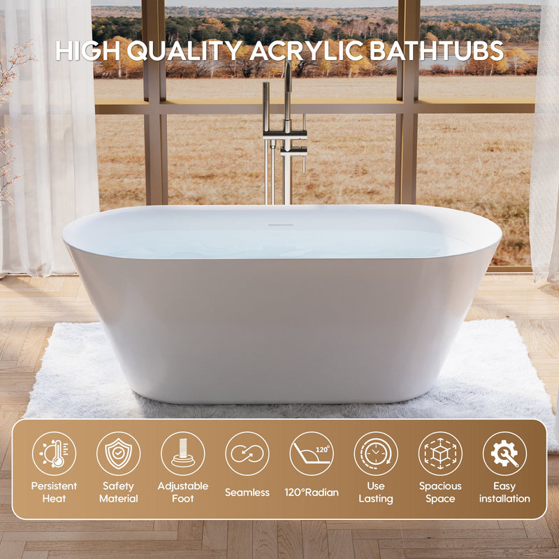63" Glossy White Acrylic Freestanding Bathtub with Integrated Slotted Overflow and Pop-up Drainer