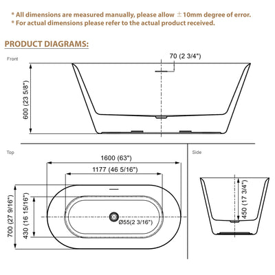 63" Glossy White Acrylic Freestanding Bathtub with Integrated Slotted Overflow and Pop-up Drainer
