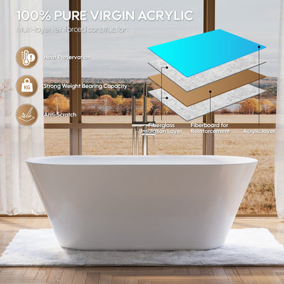 63" Glossy White Acrylic Freestanding Bathtub with Integrated Slotted Overflow and Pop-up Drainer