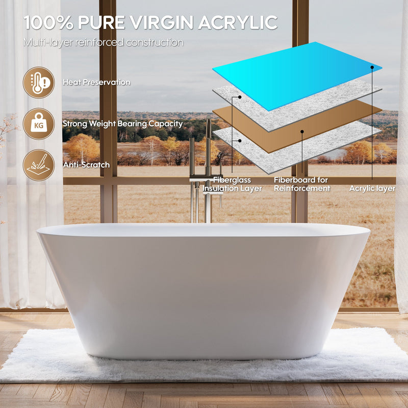 63" Glossy White Acrylic Freestanding Bathtub with Integrated Slotted Overflow and Pop-up Drainer