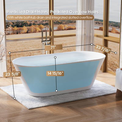 71" Glossy White Acrylic Freestanding Bathtub with Integrated Slotted Overflow and Pop-up Drainer