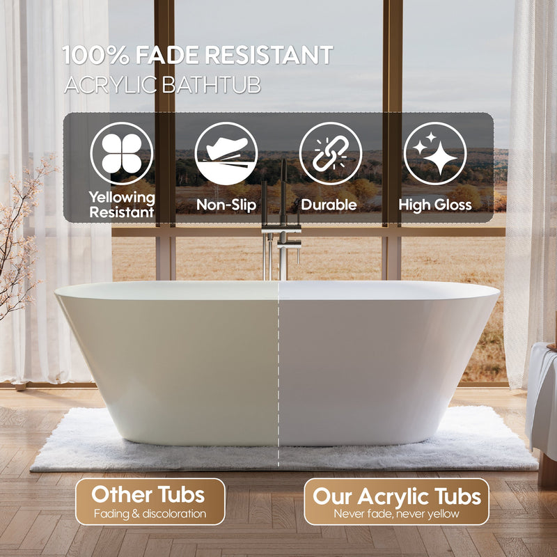 71" Glossy White Acrylic Freestanding Bathtub with Integrated Slotted Overflow and Pop-up Drainer