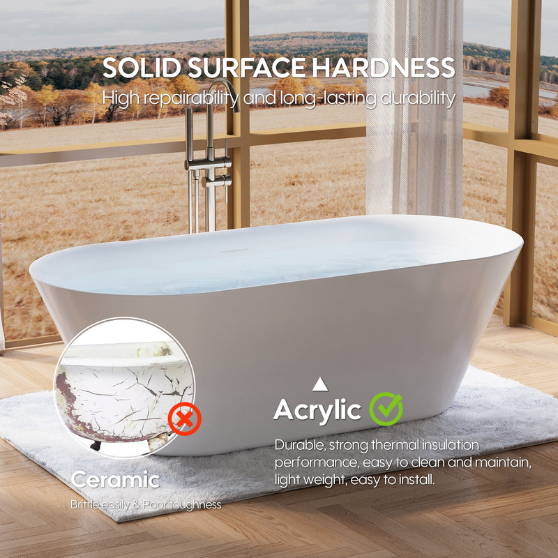 71" Glossy White Acrylic Freestanding Bathtub with Integrated Slotted Overflow and Pop-up Drainer