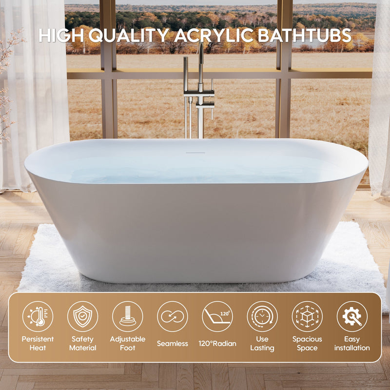 71" Glossy White Acrylic Freestanding Bathtub with Integrated Slotted Overflow and Pop-up Drainer
