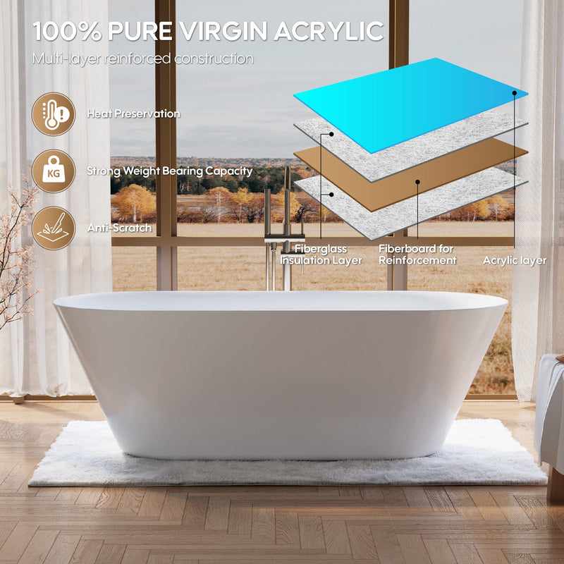 71" Glossy White Acrylic Freestanding Bathtub with Integrated Slotted Overflow and Pop-up Drainer