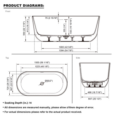 60 Freestanding Glossy White Acrylic Bathtub with Slotted Overflow