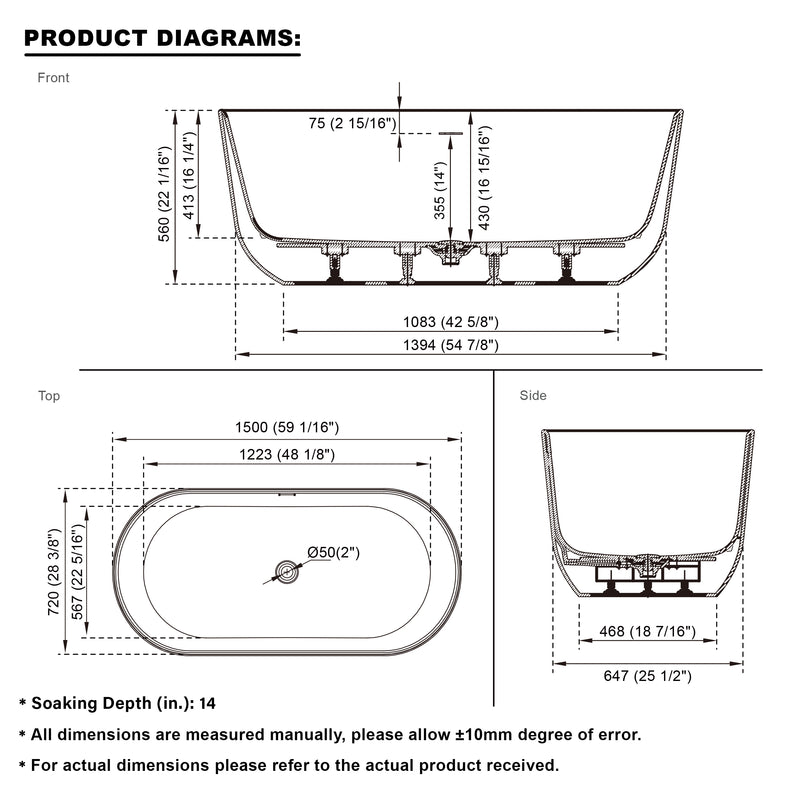 60 Freestanding Glossy White Acrylic Bathtub with Slotted Overflow