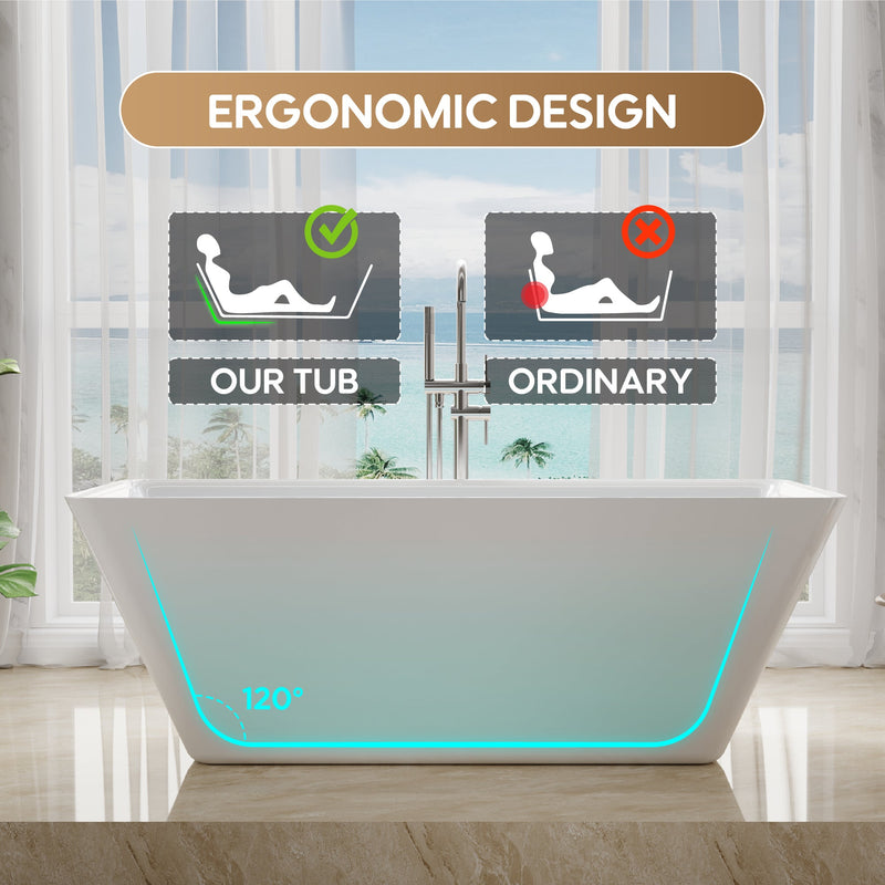 60" Freestanding Rectangle Acrylic Bathtub in Glossy White with Groove Overflow and Pop-up Drainer