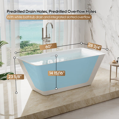 60" Freestanding Rectangle Acrylic Bathtub in Glossy White with Groove Overflow and Pop-up Drainer