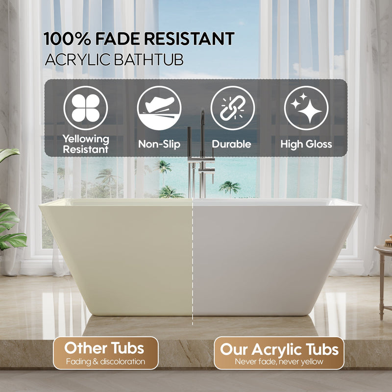 60" Freestanding Rectangle Acrylic Bathtub in Glossy White with Groove Overflow and Pop-up Drainer