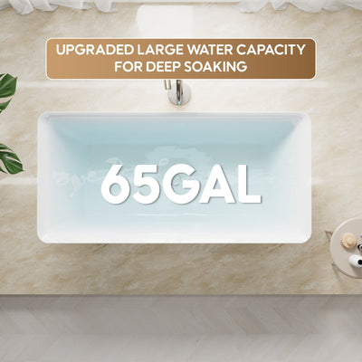 60" Freestanding Rectangle Acrylic Bathtub in Glossy White with Groove Overflow and Pop-up Drainer