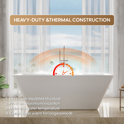 60" Freestanding Rectangle Acrylic Bathtub in Glossy White with Groove Overflow and Pop-up Drainer