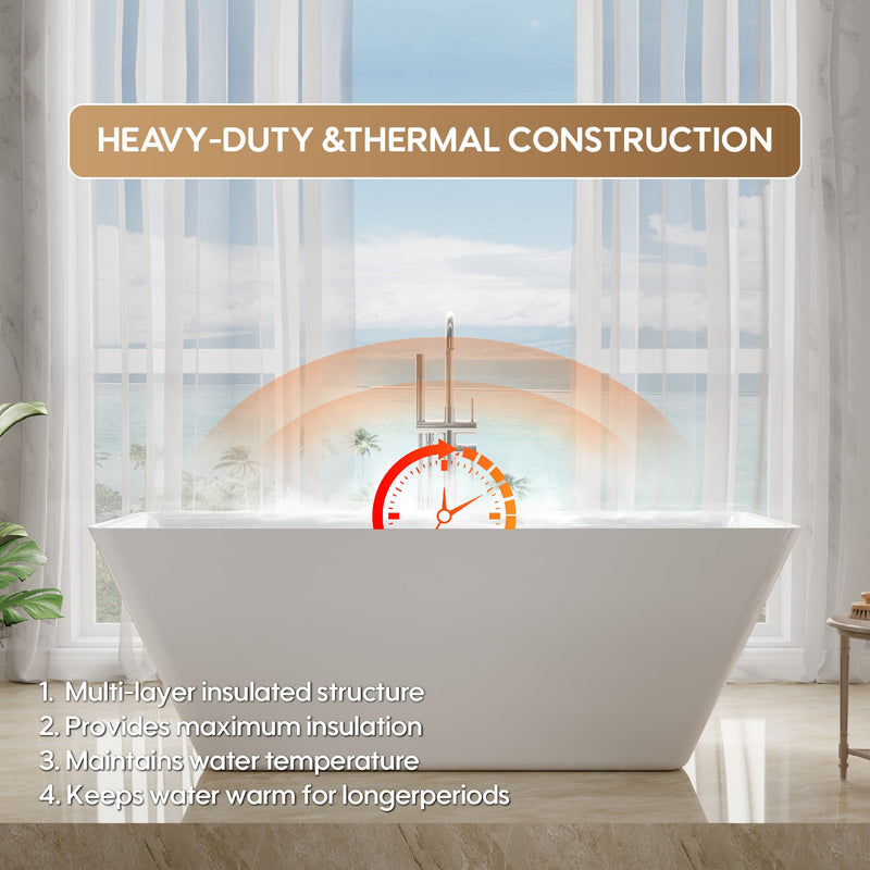 60" Freestanding Rectangle Acrylic Bathtub in Glossy White with Groove Overflow and Pop-up Drainer
