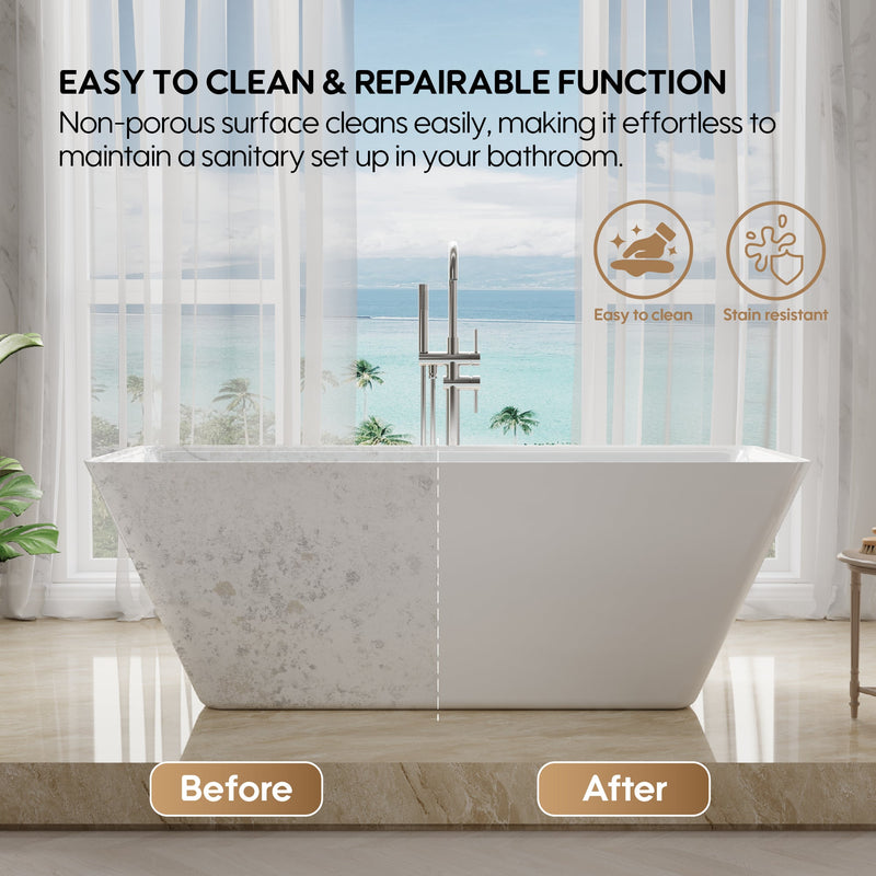 60" Freestanding Rectangle Acrylic Bathtub in Glossy White with Groove Overflow and Pop-up Drainer