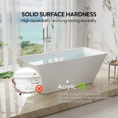 60" Freestanding Rectangle Acrylic Bathtub in Glossy White with Groove Overflow and Pop-up Drainer