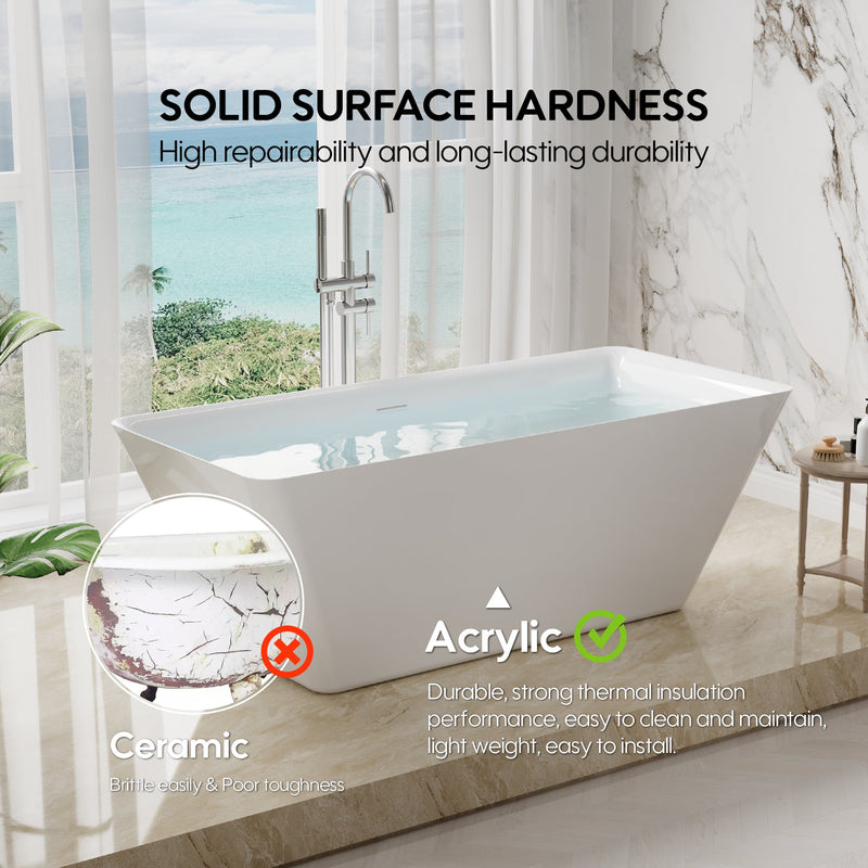 60" Freestanding Rectangle Acrylic Bathtub in Glossy White with Groove Overflow and Pop-up Drainer