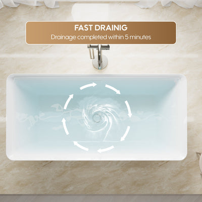 60" Freestanding Rectangle Acrylic Bathtub in Glossy White with Groove Overflow and Pop-up Drainer