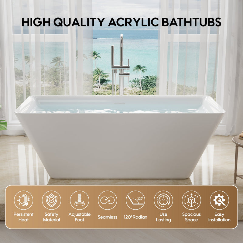 60" Freestanding Rectangle Acrylic Bathtub in Glossy White with Groove Overflow and Pop-up Drainer