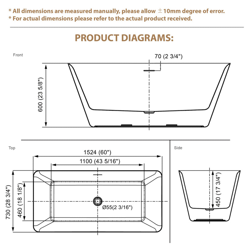 60" Freestanding Rectangle Acrylic Bathtub in Glossy White with Groove Overflow and Pop-up Drainer