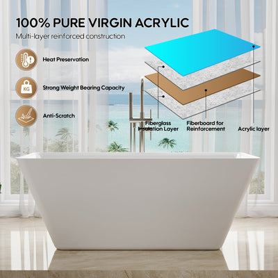 60" Freestanding Rectangle Acrylic Bathtub in Glossy White with Groove Overflow and Pop-up Drainer
