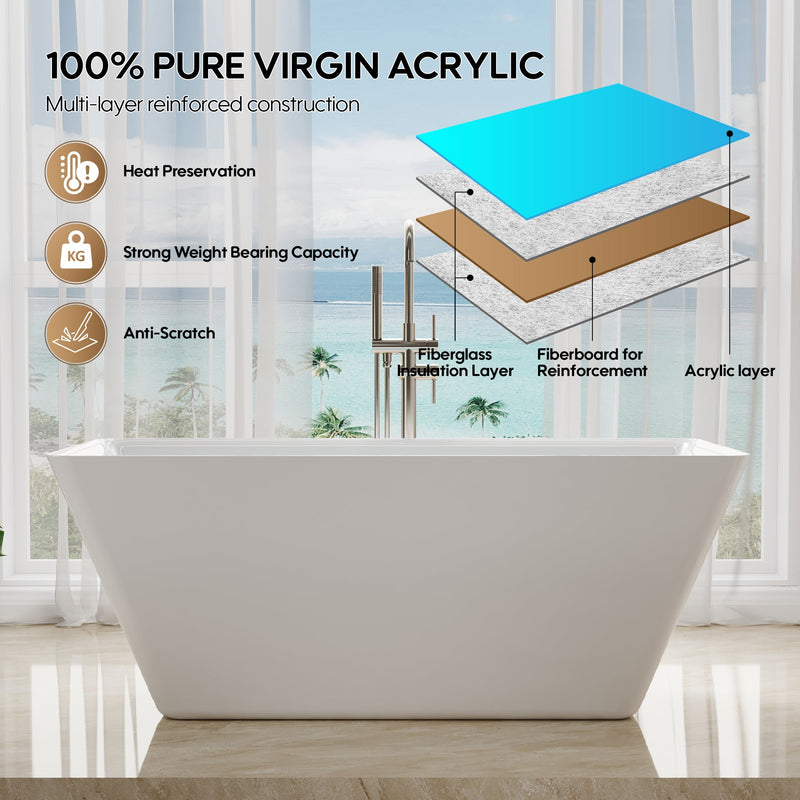 60" Freestanding Rectangle Acrylic Bathtub in Glossy White with Groove Overflow and Pop-up Drainer