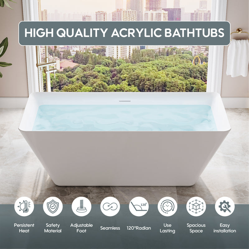 66 Freestanding Glossy White Acrylic Bathtub with Overflow and Drain