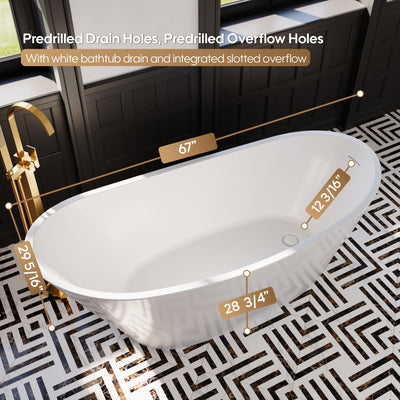 67" Acrylic Freestanding Soaking Bathtub in Glossy White with Pop-up Drainer and Groove Overflow