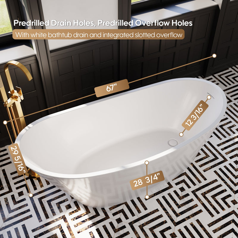 67" Acrylic Freestanding Soaking Bathtub in Glossy White with Pop-up Drainer and Groove Overflow
