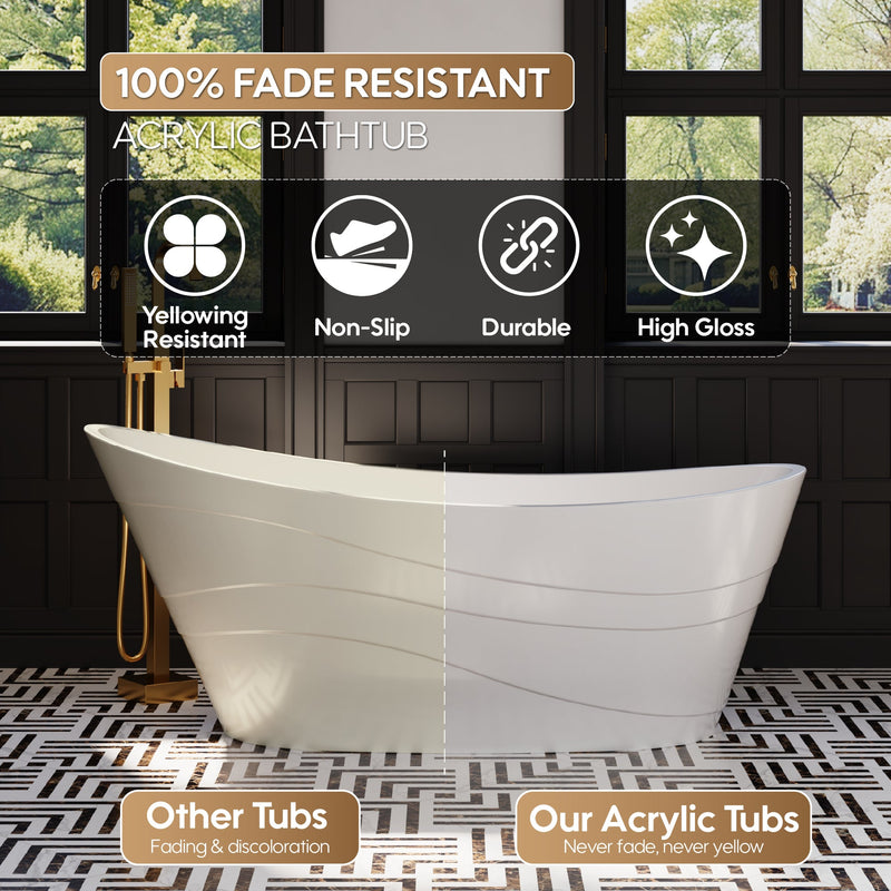 67" Acrylic Freestanding Soaking Bathtub in Glossy White with Pop-up Drainer and Groove Overflow