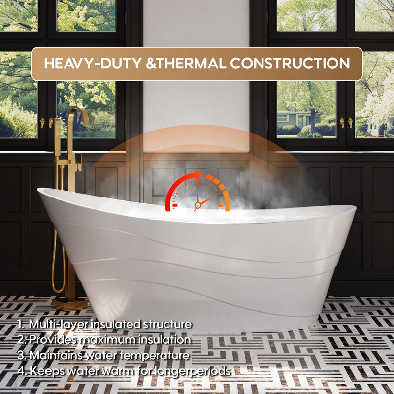 67" Acrylic Freestanding Soaking Bathtub in Glossy White with Pop-up Drainer and Groove Overflow