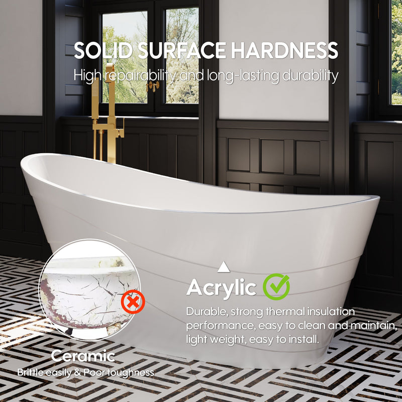 67" Acrylic Freestanding Soaking Bathtub in Glossy White with Pop-up Drainer and Groove Overflow