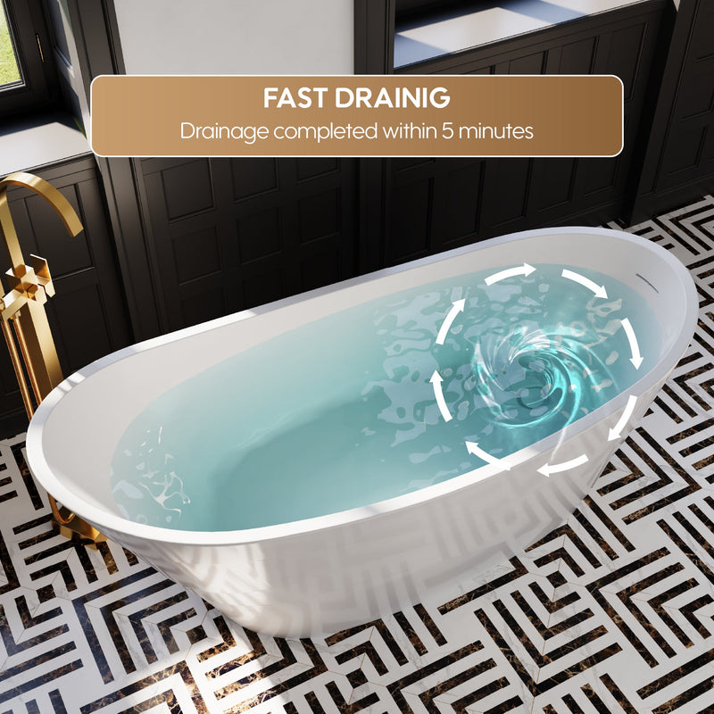 67" Acrylic Freestanding Soaking Bathtub in Glossy White with Pop-up Drainer and Groove Overflow