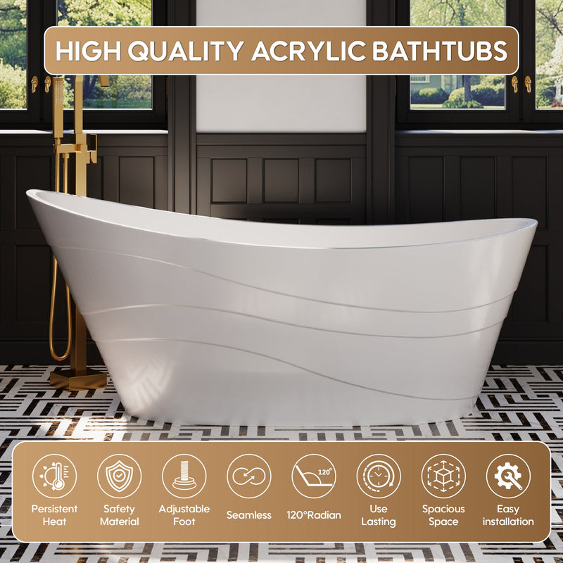 67" Acrylic Freestanding Soaking Bathtub in Glossy White with Pop-up Drainer and Groove Overflow