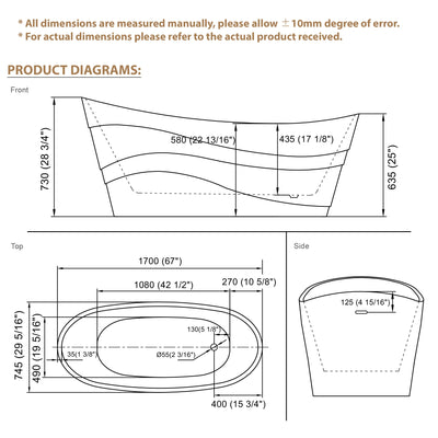 67" Acrylic Freestanding Soaking Bathtub in Glossy White with Pop-up Drainer and Groove Overflow