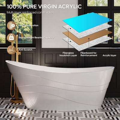 67" Acrylic Freestanding Soaking Bathtub in Glossy White with Pop-up Drainer and Groove Overflow