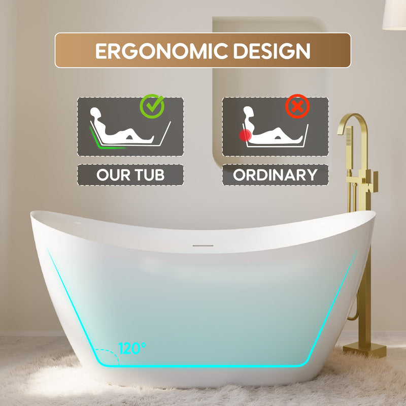 60" Acrylic Freestanding Soaking Bathtub Contemporary Soaking White Tub with Overflow and Drain