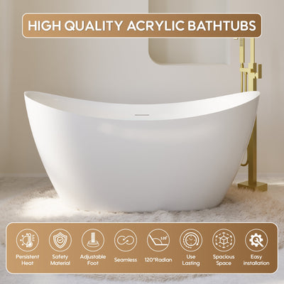 60" Acrylic Freestanding Soaking Bathtub Contemporary Soaking White Tub with Overflow and Drain