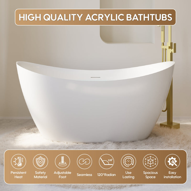 60" Acrylic Freestanding Soaking Bathtub Contemporary Soaking White Tub with Overflow and Drain