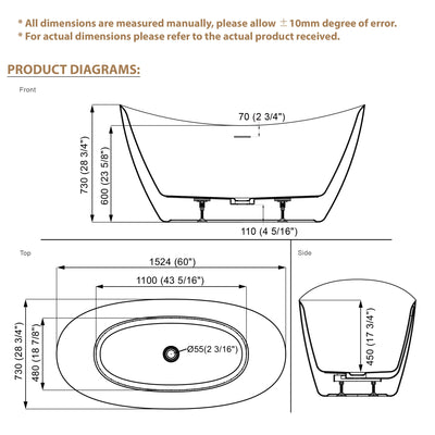 60" Acrylic Freestanding Soaking Bathtub Contemporary Soaking White Tub with Overflow and Drain