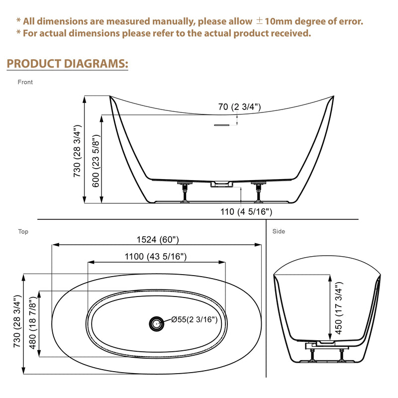 60" Acrylic Freestanding Soaking Bathtub Contemporary Soaking White Tub with Overflow and Drain
