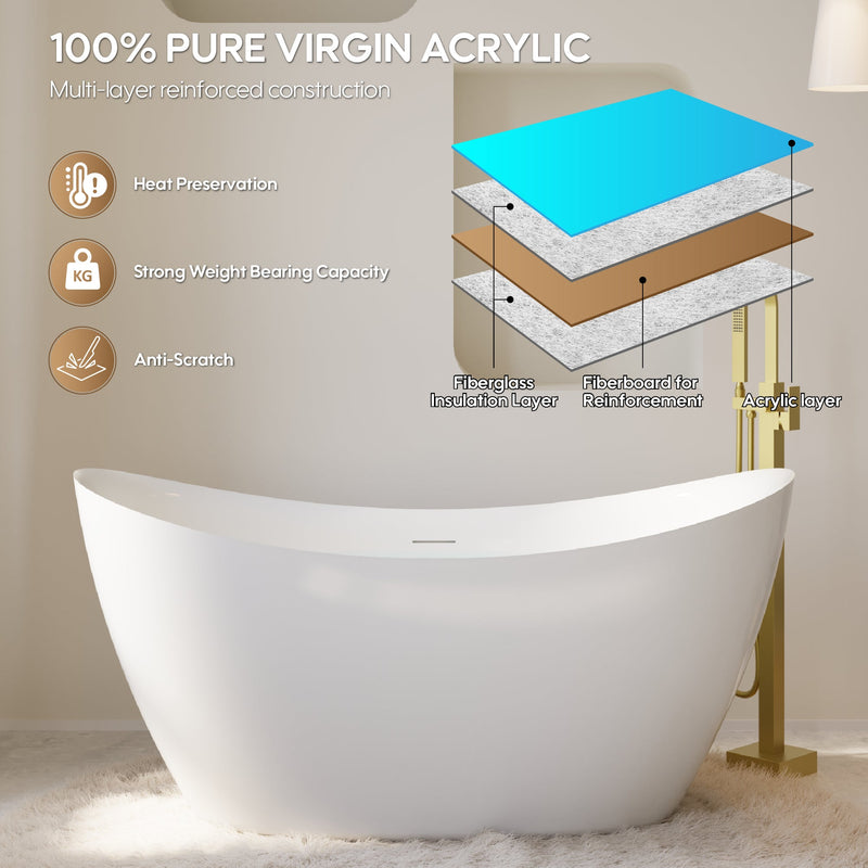 60" Acrylic Freestanding Soaking Bathtub Contemporary Soaking White Tub with Overflow and Drain