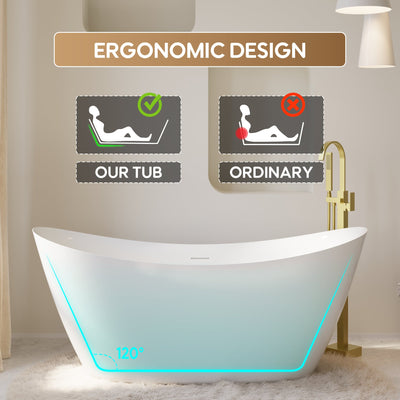 66" Acrylic Freestanding Soaking Bathtub Contemporary Soaking White Tub with Overflow and Drain