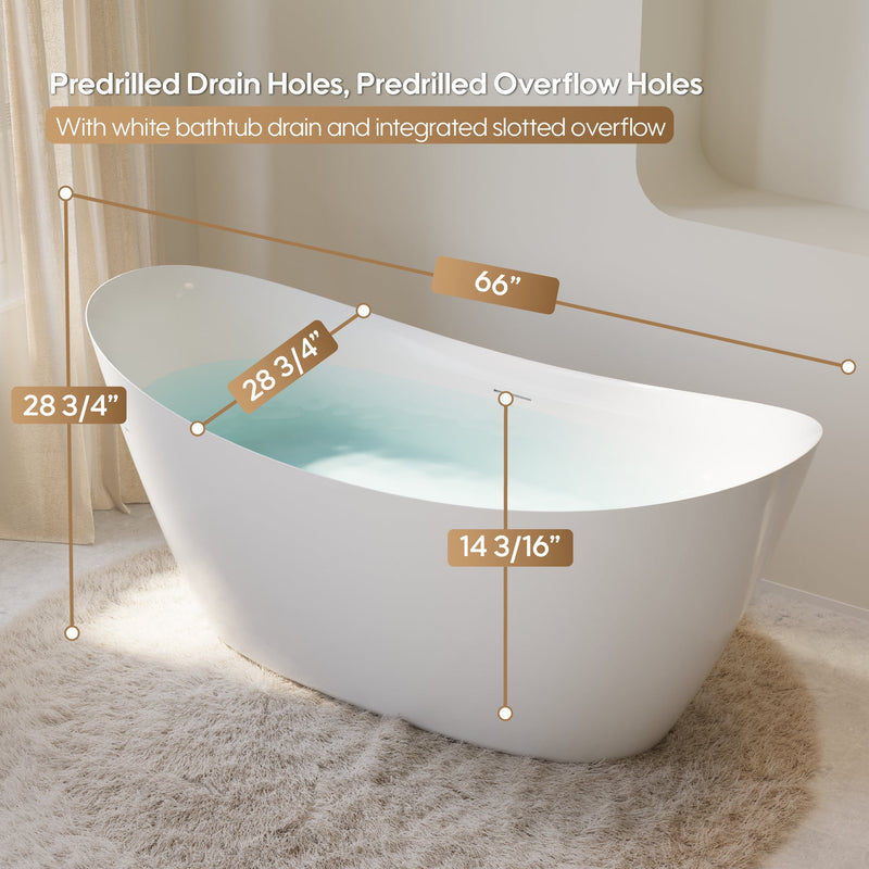 66" Acrylic Freestanding Soaking Bathtub Contemporary Soaking White Tub with Overflow and Drain