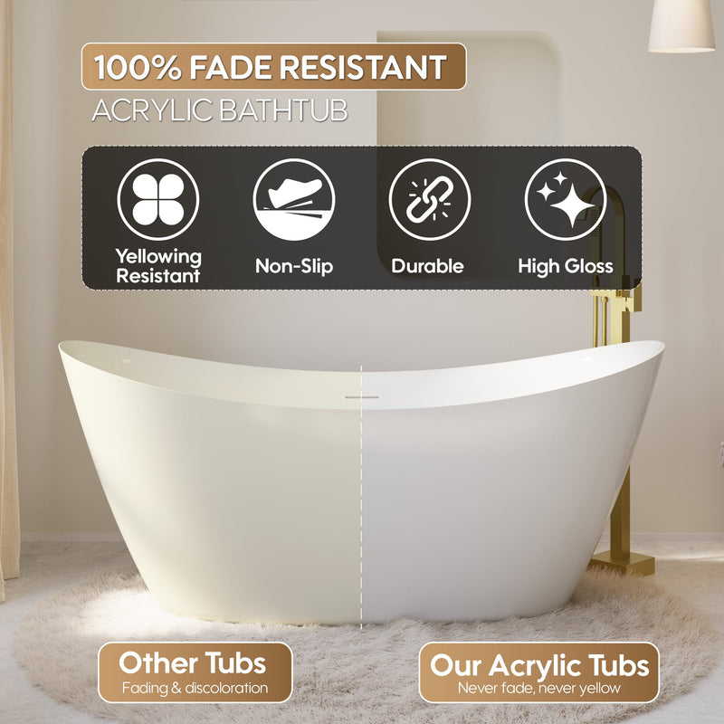 66" Acrylic Freestanding Soaking Bathtub Contemporary Soaking White Tub with Overflow and Drain
