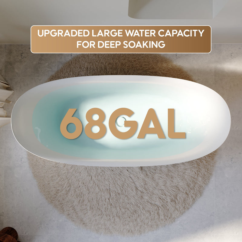 66" Acrylic Freestanding Soaking Bathtub Contemporary Soaking White Tub with Overflow and Drain