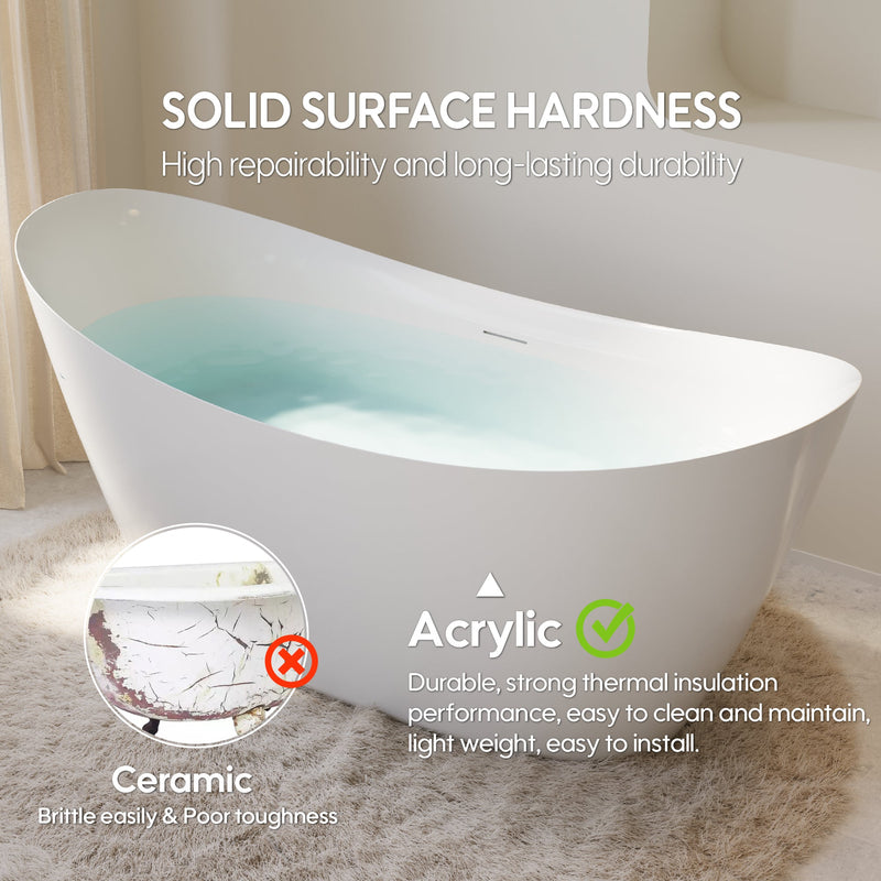 66" Acrylic Freestanding Soaking Bathtub Contemporary Soaking White Tub with Overflow and Drain