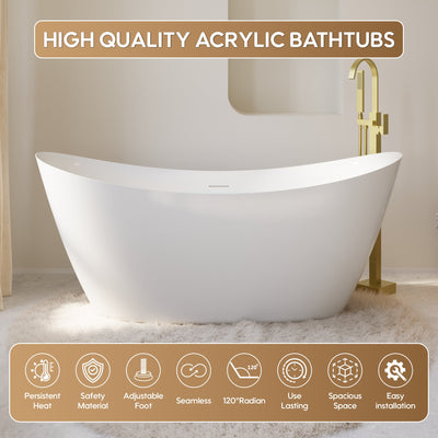66" Acrylic Freestanding Soaking Bathtub Contemporary Soaking White Tub with Overflow and Drain