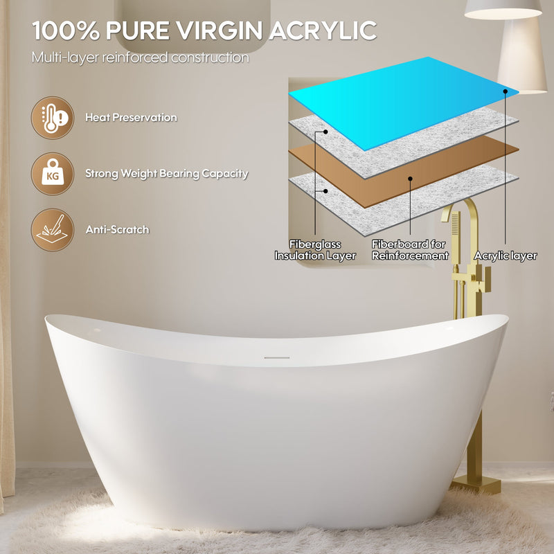 66" Acrylic Freestanding Soaking Bathtub Contemporary Soaking White Tub with Overflow and Drain